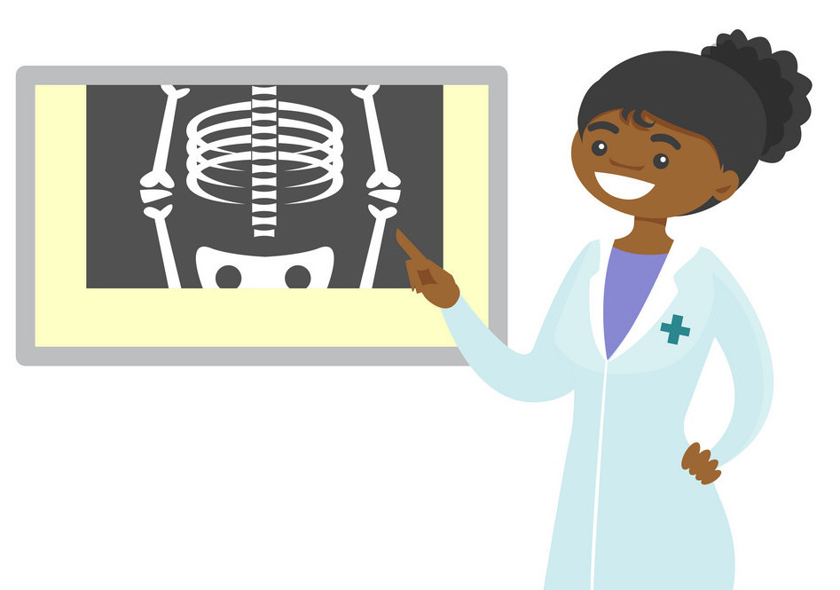 African-american radiologist doctor in a medical gown examining a skeleton radiograph. Medic looking at a radiograph on viewing light screen. Vector cartoon illustration isolated on white background.